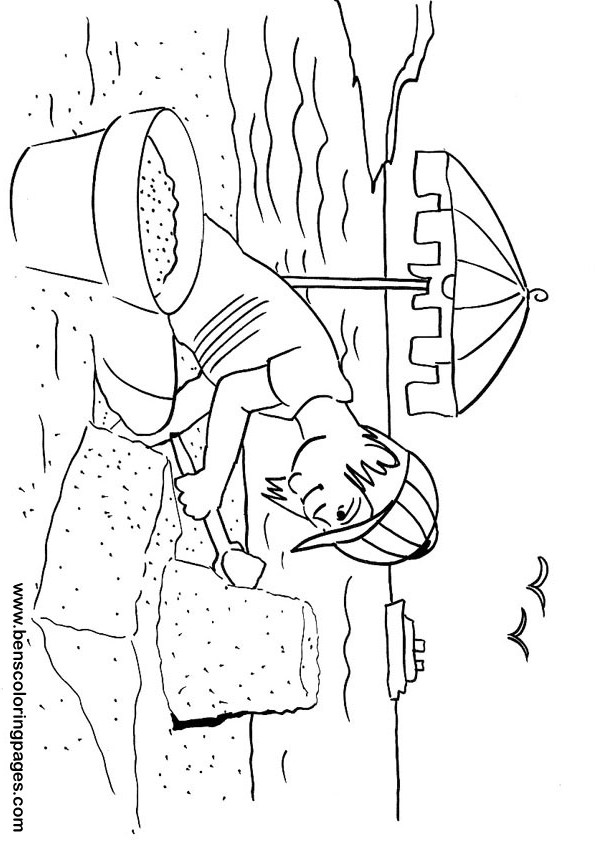Boy building sand castle coloring page