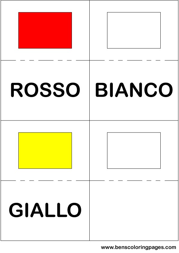 Red white and yellow colors flashcard in Italian