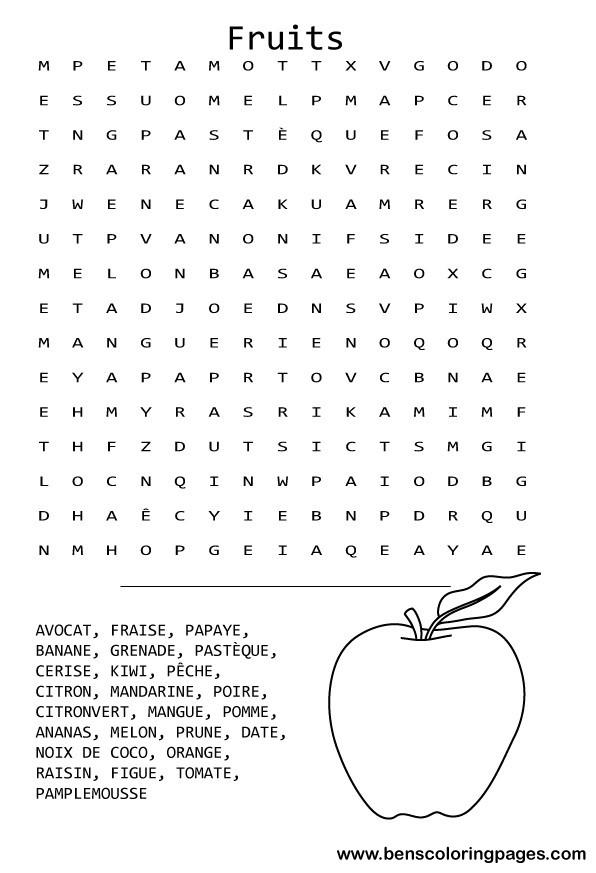 fruits list word search
