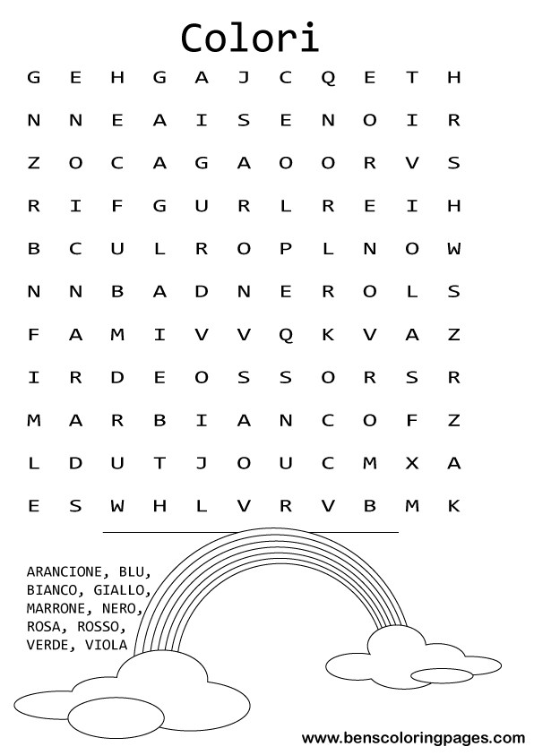 Colors themed childrens word search