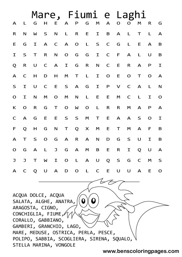 Seas, rivers and lakes word search in Italian