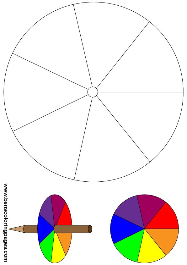 Print and color this sheet and mount on a pencil as shown. When you spin it, it becomes white again.