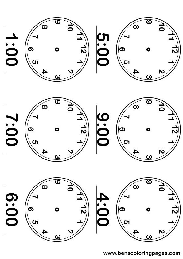 Printable page, learning the time activity with large and numbered clocks
