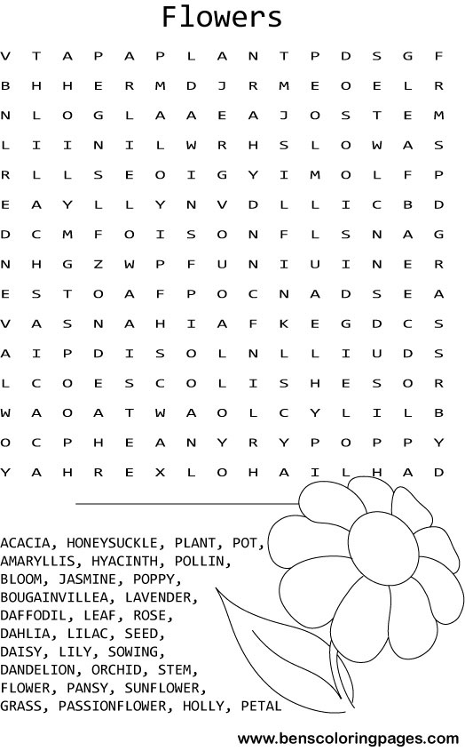Flowers wordsearch coloring pictures