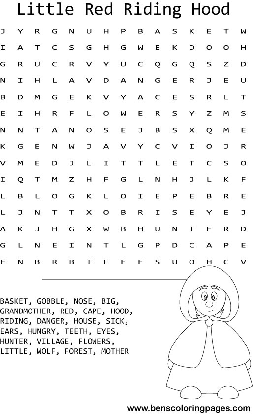 Little red riding hood wordsearch coloring pictures