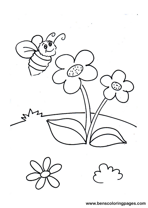 bee and flowers coloring page for kids